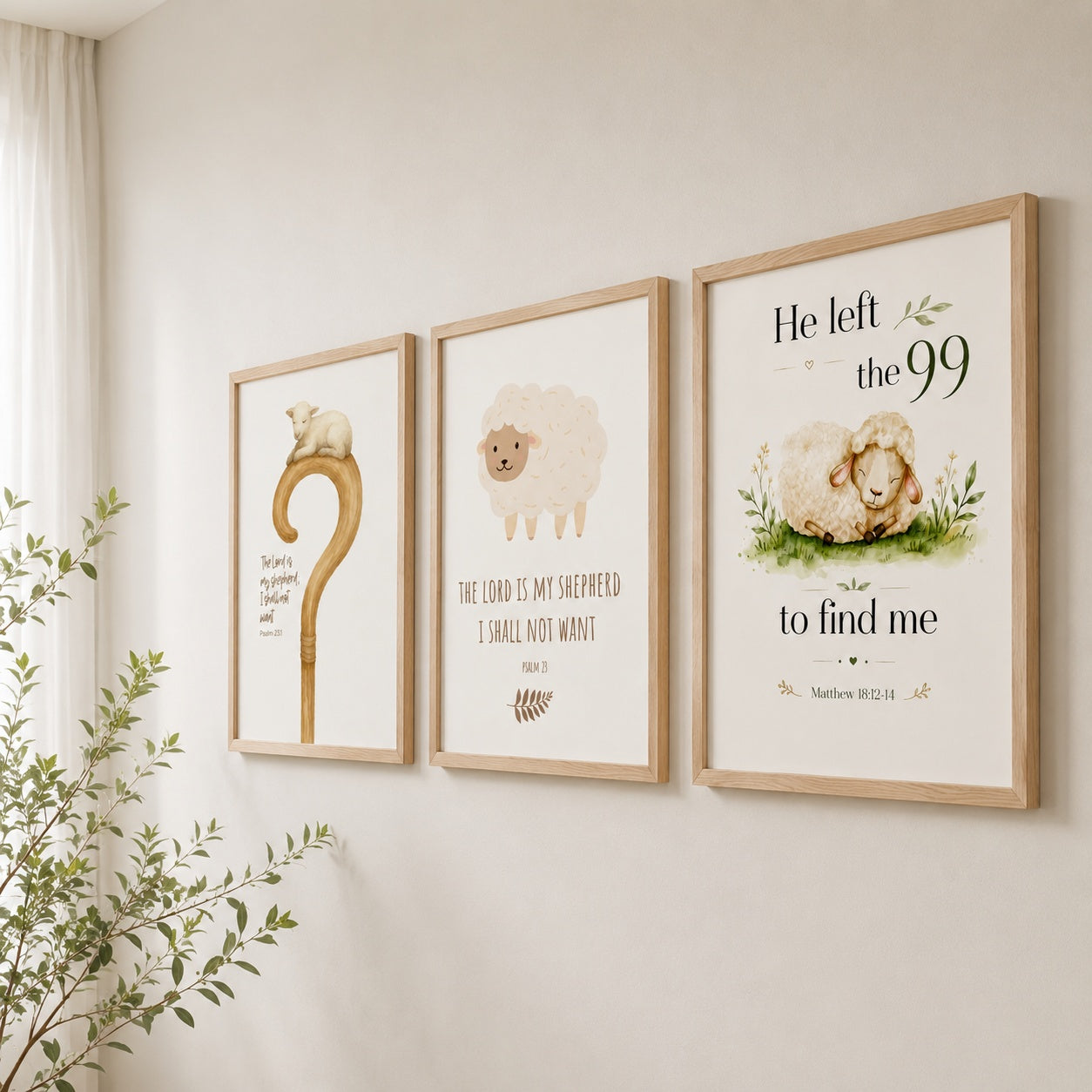 Set of 3 Christian Shepherd Poster, Nursery Wall Art, Psalm 23 Shepherd and Sheep Posters, He Left the 99 Bible Verse Prints, Faith-Based Kids Room Decor PTSET06