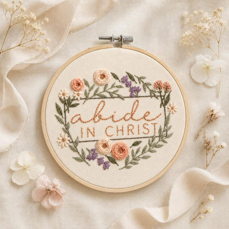 Abide in Christ Embroidery Hoop Art, Handmade Floral Christian Wall Decor, Bible Verse Faith Gift, Religious Needlework Hoop EH15