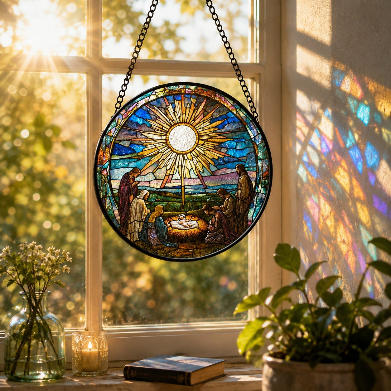 Nativity Stained Glass Suncatcher, Baby Jesus Window Hanging, Holy Family Christmas Decor, Christian Religious Gift, Manger Scene Decor GLASS07