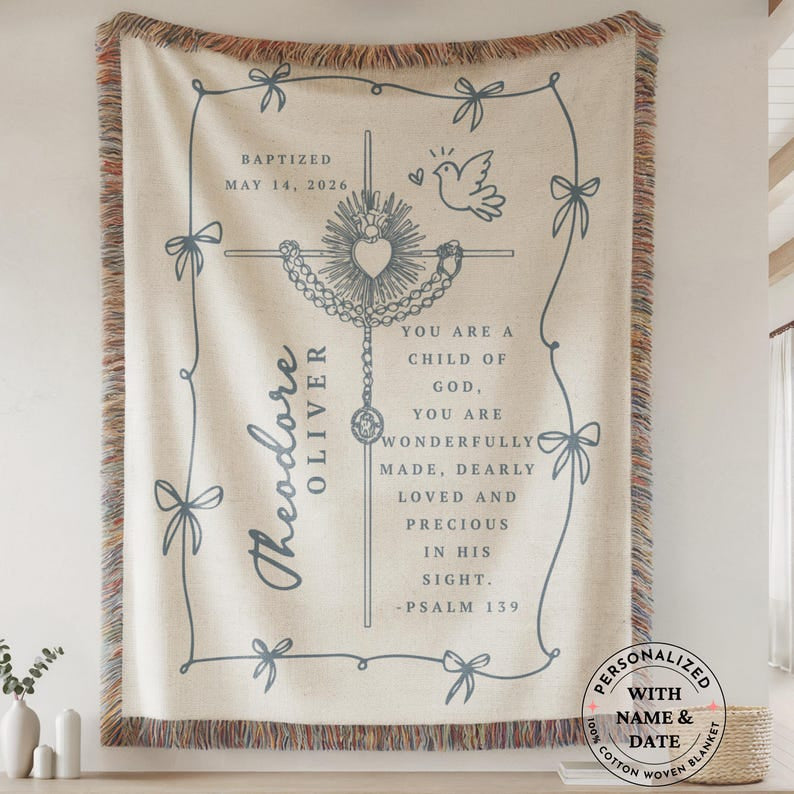 Personalized Baptism Baby Woven Blanket, Psalm 139 Catholic Gift for Boys, Custom Cotton Name Christening Throw, Heirloom Keepsake WBLAF07