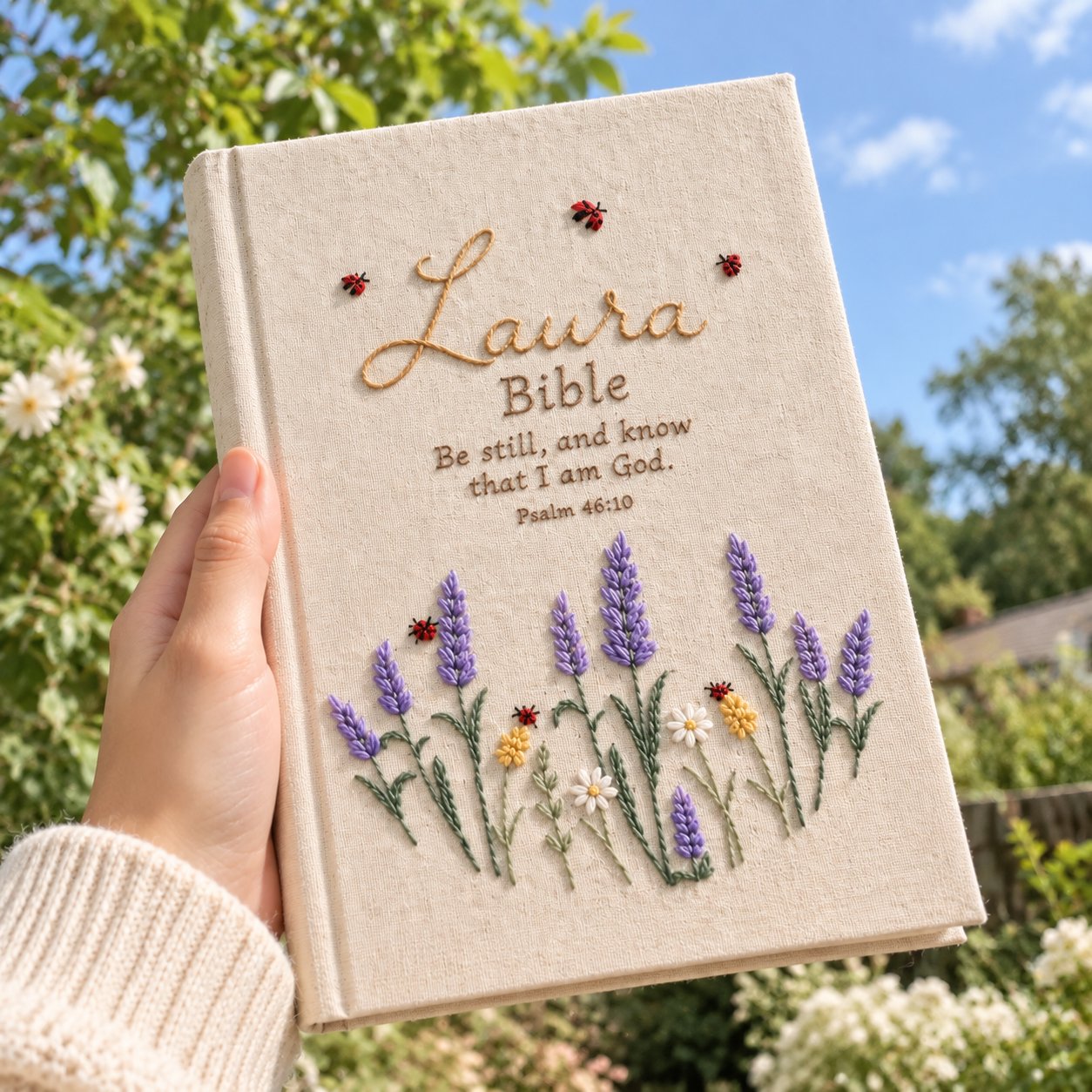 Personalized Bible Hand-Embroidery Journal, Lavender Floral Linen Notebook, Custom Christian Journal, Embroidery Faith Gift NB10