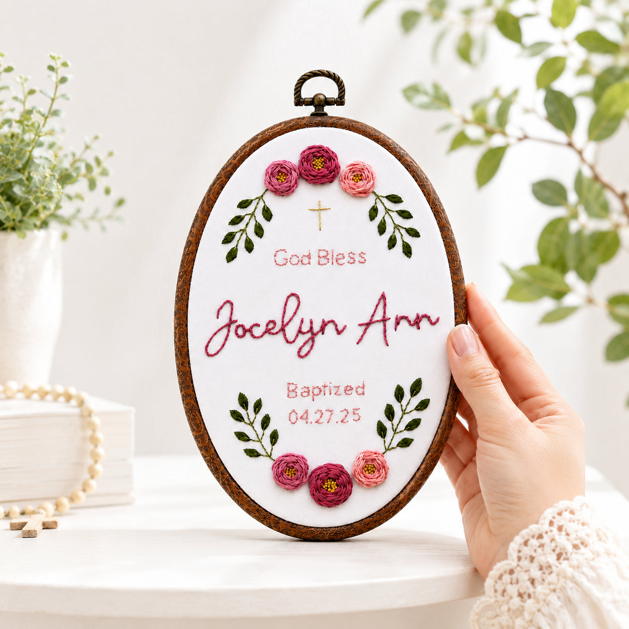 Personalized Hand Embroidered Flower With Baptism Hoop Art, Custom Baby Name and Baptism, Floral Christian Keepsake, Nursery Gift EHA35