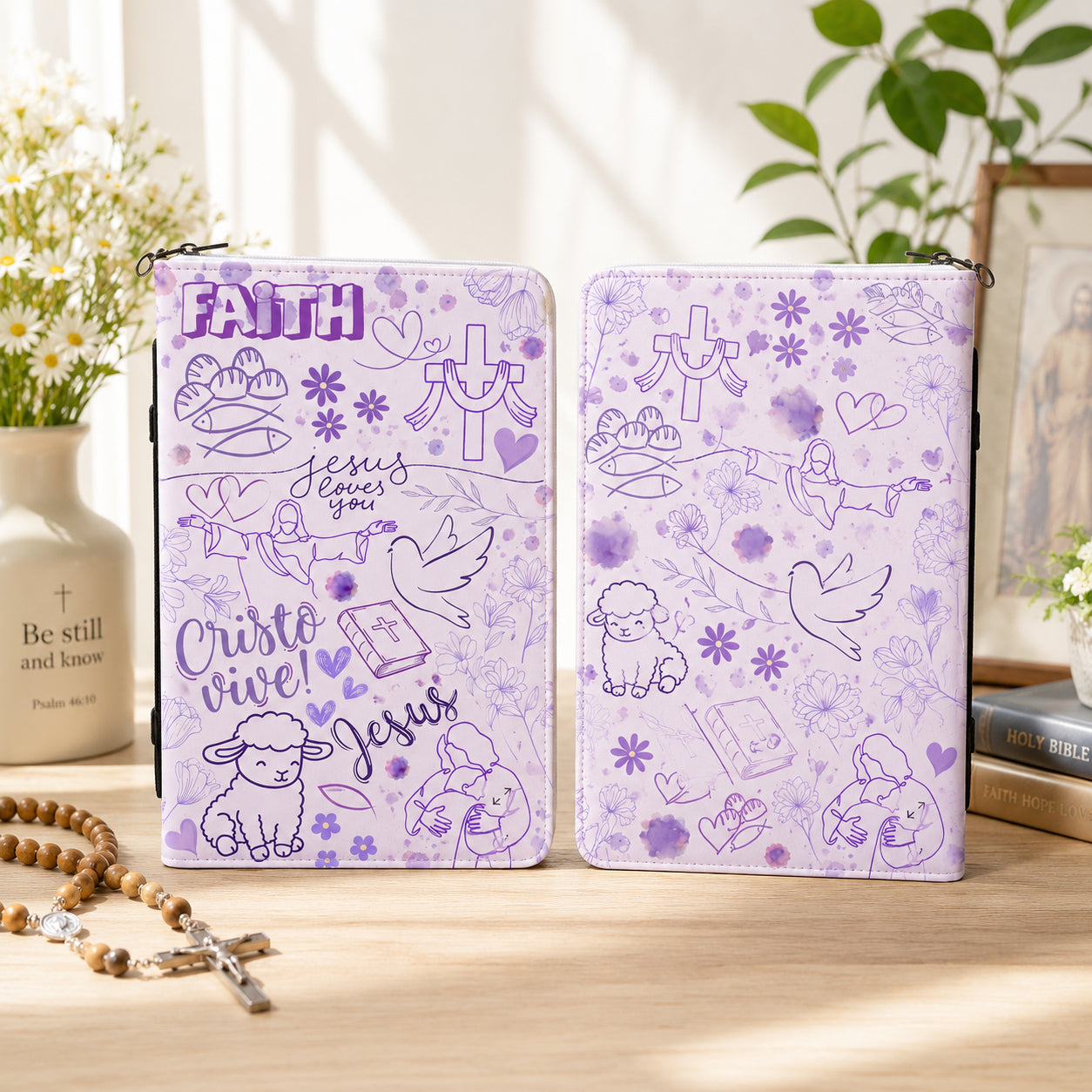 Personalized Purple Christian Doodle Leather Book Cover, Jesus Aesthetic Bible Cover, Christian Gift, Bible Covers Jesus Gifts BIBLE07