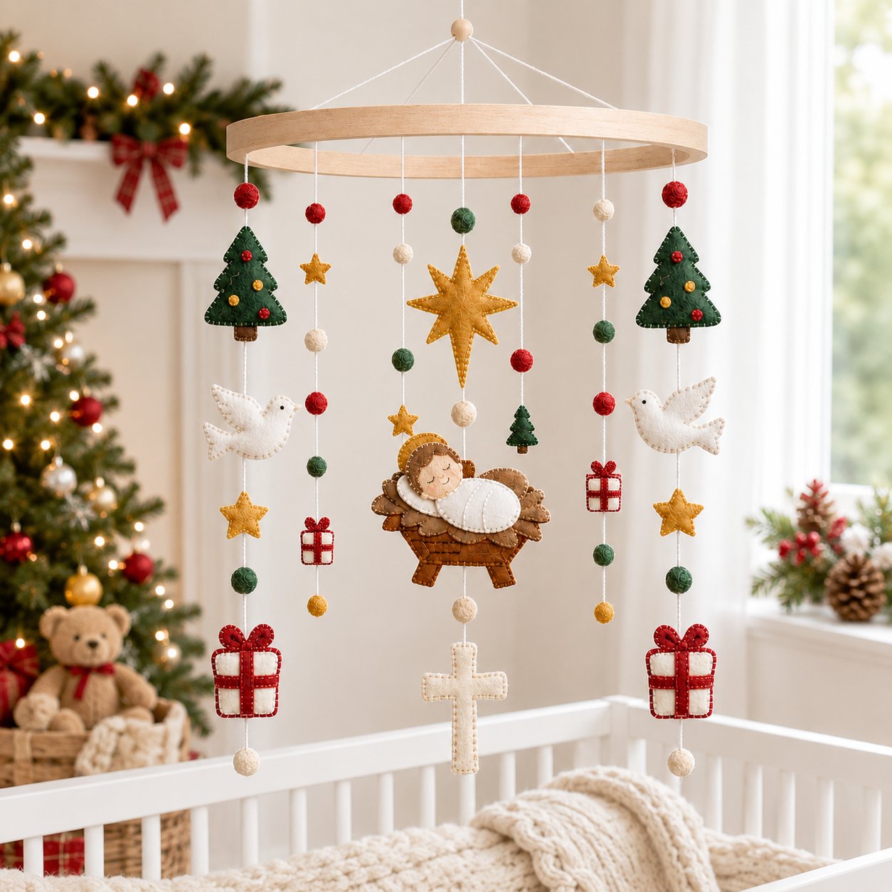 Personalized Christmas Christian Cross Felt Baby Mobile, Handmade Christmas Felt Crib Mobile, Christian Nursery Decor, Neutral Crib Mobile, Baby Baptism Gift FELTBMB07