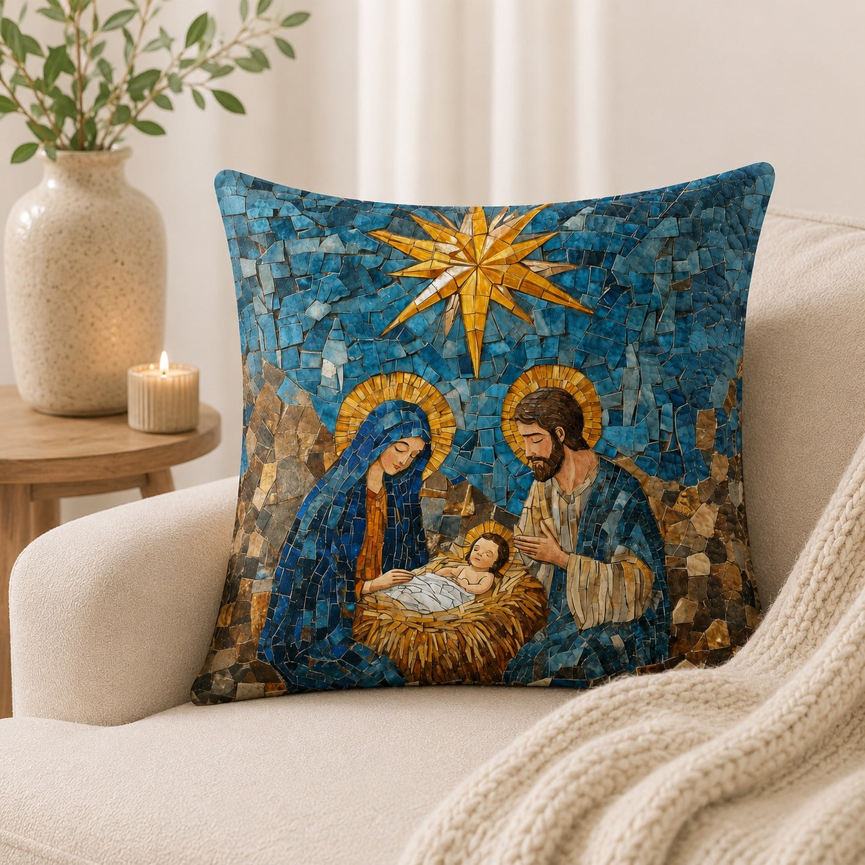 Nativity Mosaic Quilted Pillow Case, Holy Family Christmas Pillow Cover, Christian Religious Decor, Baby Jesus Faith Gift QPILLOW06