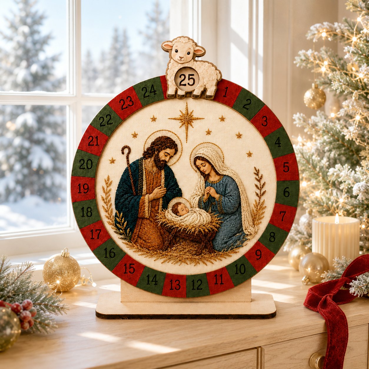 Wooden Nativity Advent Calendar, Holy Family Wooden Sign, Custom Tabletop Religious Gift, Spinning Wheel Christmas Countdown Decor, Religious Christian Christmas Gift XMASW03