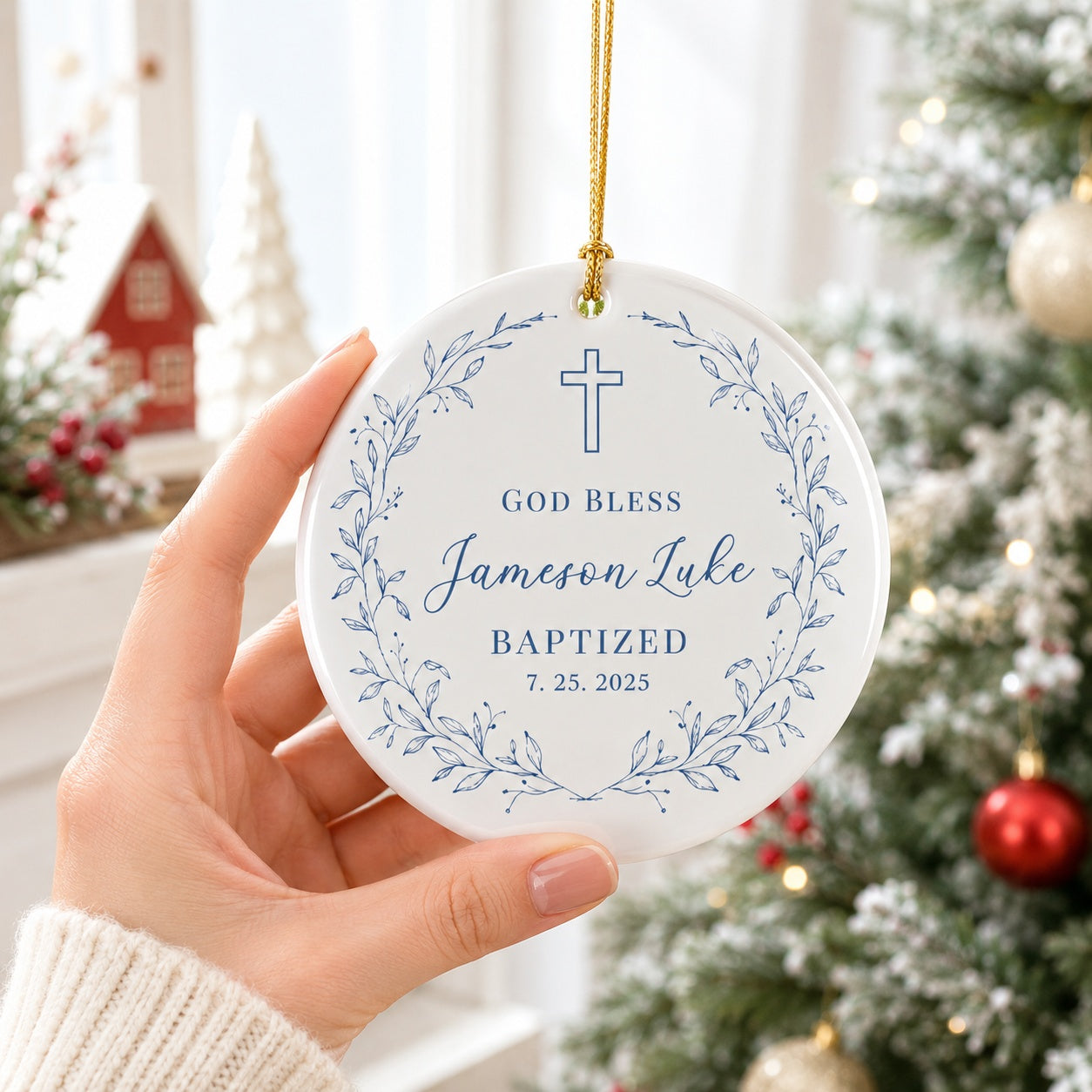 Personalized God Bless Baptism Ceramic Ornament, Custom Name and Date Christian Keepsake, Eucalyptus Cross Christening Gift for Baby, Baby Ornament Gift CRMO07