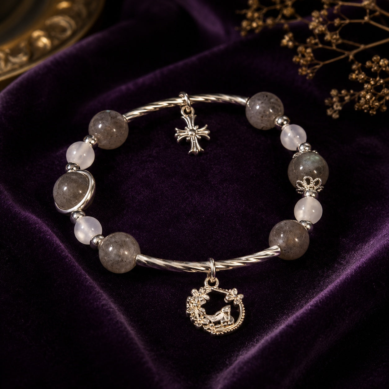 Moon & Labradorite Bracelet With Pendant, Catholic Jewelry, Silver Stone Bracelet For Women, Catholic Bracelet BRLAF10