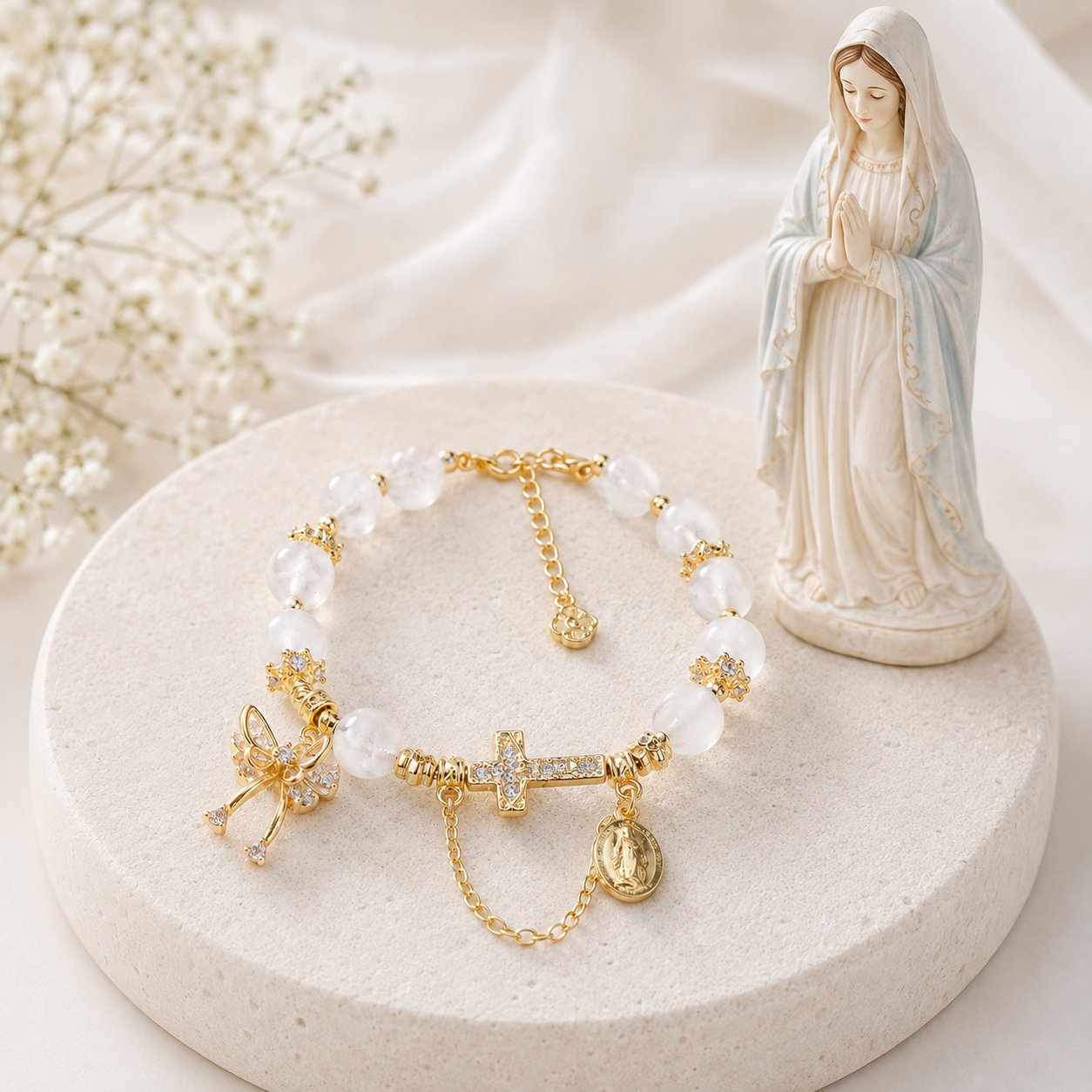 Elegant Catholic Rosary Bracelet with Cross, Rosary Bracelet, Miraculous Medal and Crystal Beads, Faith Jewelry Gift for Women VTBR06
