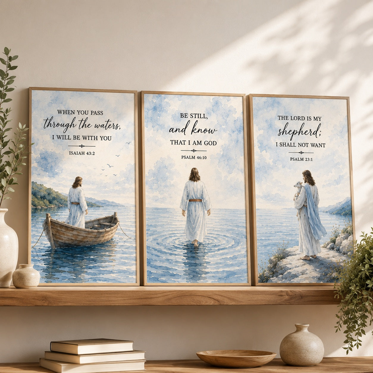 Jesus Bible Verse Wall Art Set of 3, Christian Watercolor Prints, Psalm 23 and Isaiah Scripture Decor, Faith Inspired Home Art PTSETA06