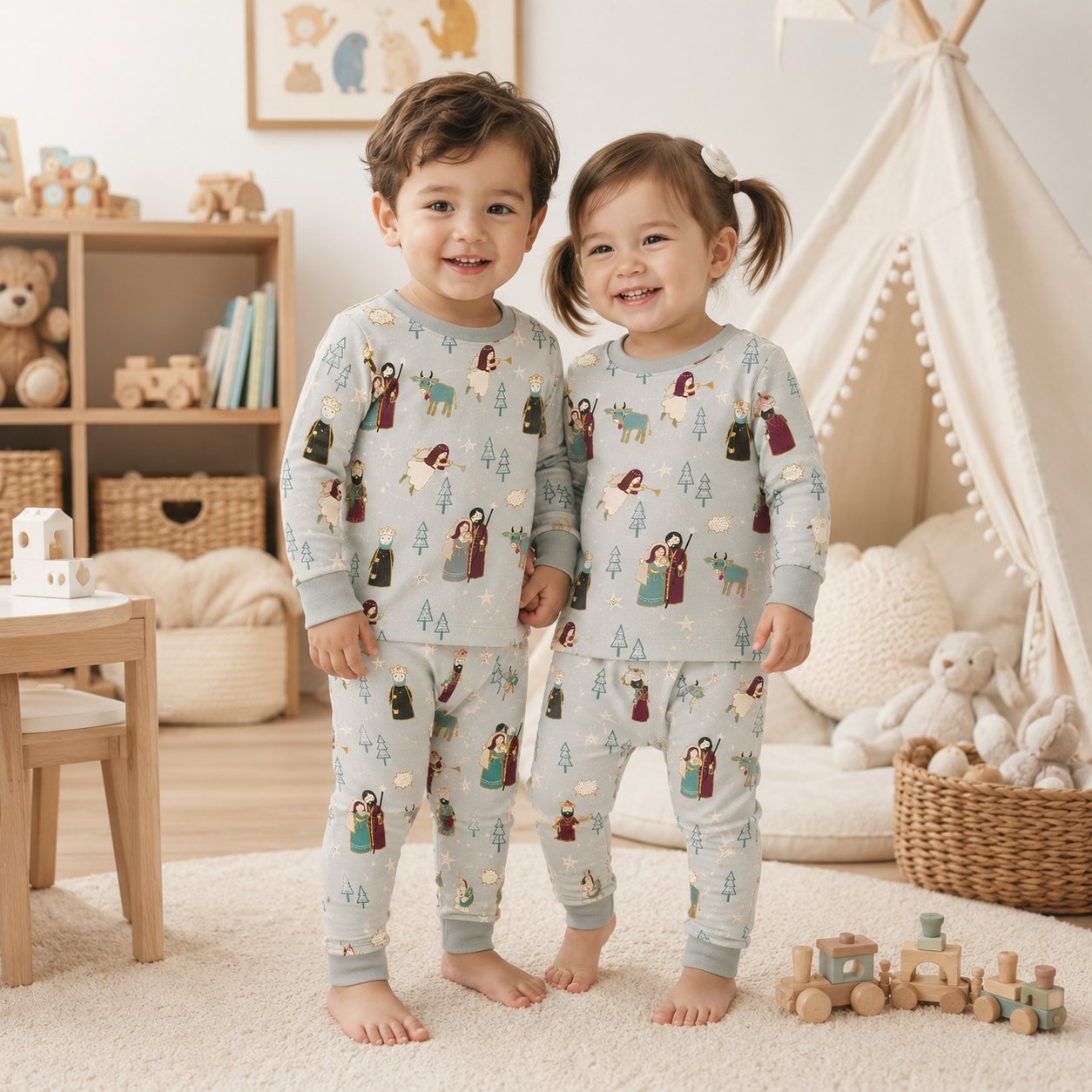 Nativity Bamboo Baby Kids Pajamas Set, Holy Family Christian Christmas PJs, Three Wise Men Toddler Holiday Sleepwear BBPJSS05
