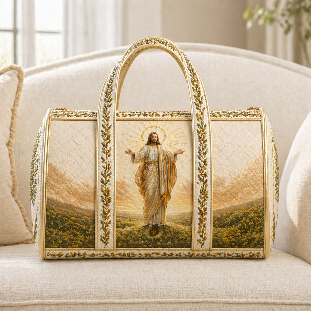 Christian Jesus Quilted Duffle Bag, Faith Travel Weekender Bag, Olive Tree Religious Overnight Bag, Bible Inspired Gift Bag QDB07