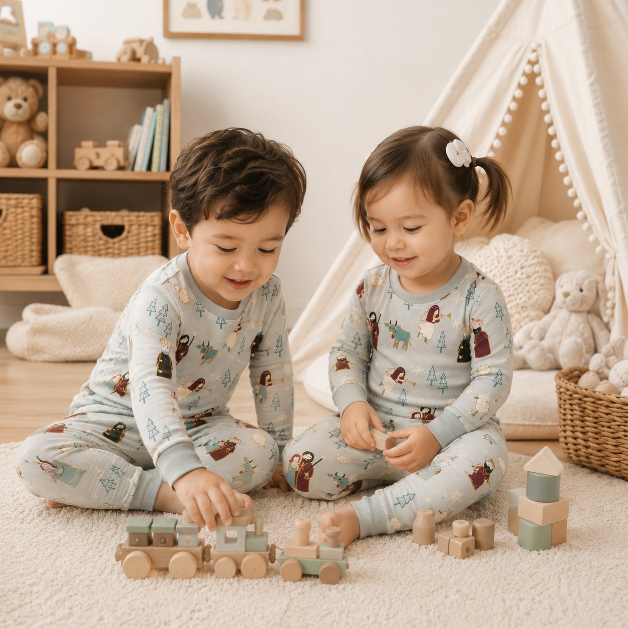 Nativity Bamboo Baby Kids Pajamas Set, Holy Family Christian Christmas PJs, Three Wise Men Toddler Holiday Sleepwear BBPJSS05