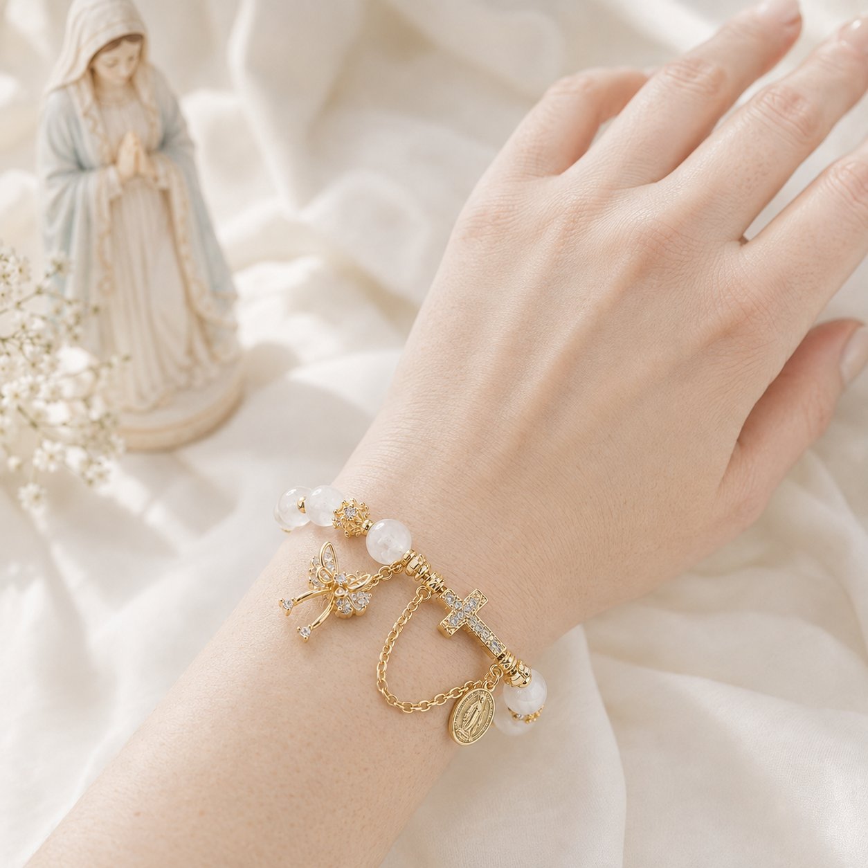 Elegant Catholic Rosary Bracelet with Cross, Rosary Bracelet, Miraculous Medal and Crystal Beads, Faith Jewelry Gift for Women VTBR06