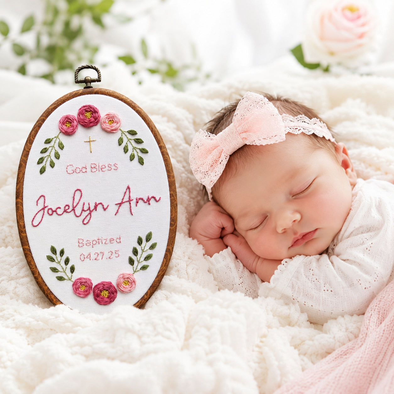 Personalized Hand Embroidered Flower With Baptism Hoop Art, Custom Baby Name and Baptism, Floral Christian Keepsake, Nursery Gift EHA35