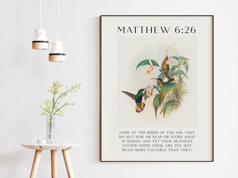 Matthew 6:26  Look at The Birds of The Air Poster, Bible Art Print - John Gould, Christian Poster, Matthew With Flowers Poster PT07