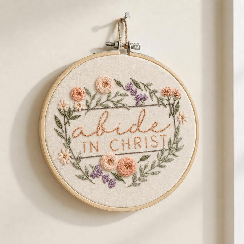 Abide in Christ Embroidery Hoop Art, Handmade Floral Christian Wall Decor, Bible Verse Faith Gift, Religious Needlework Hoop EH15