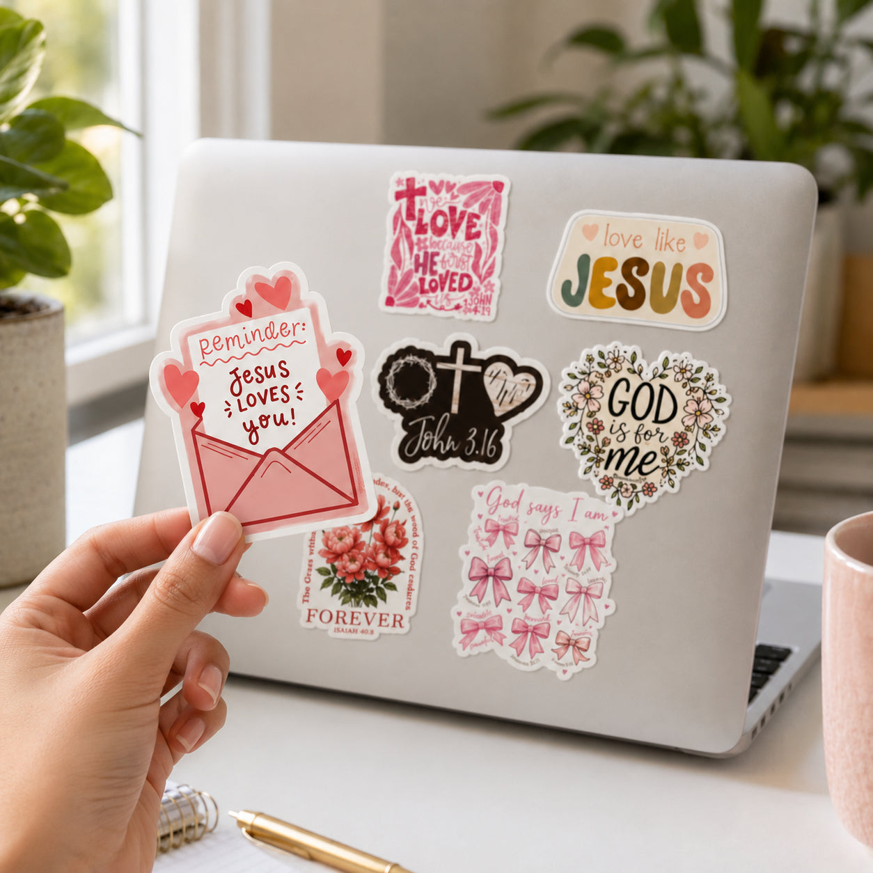 Aesthetic Jesus Loves You Sticker Collection, Pink Christian Faith Stickers with Bible Verses, Floral Designs, Hearts, Bows for Journal, Laptop & Water Bottle ST07