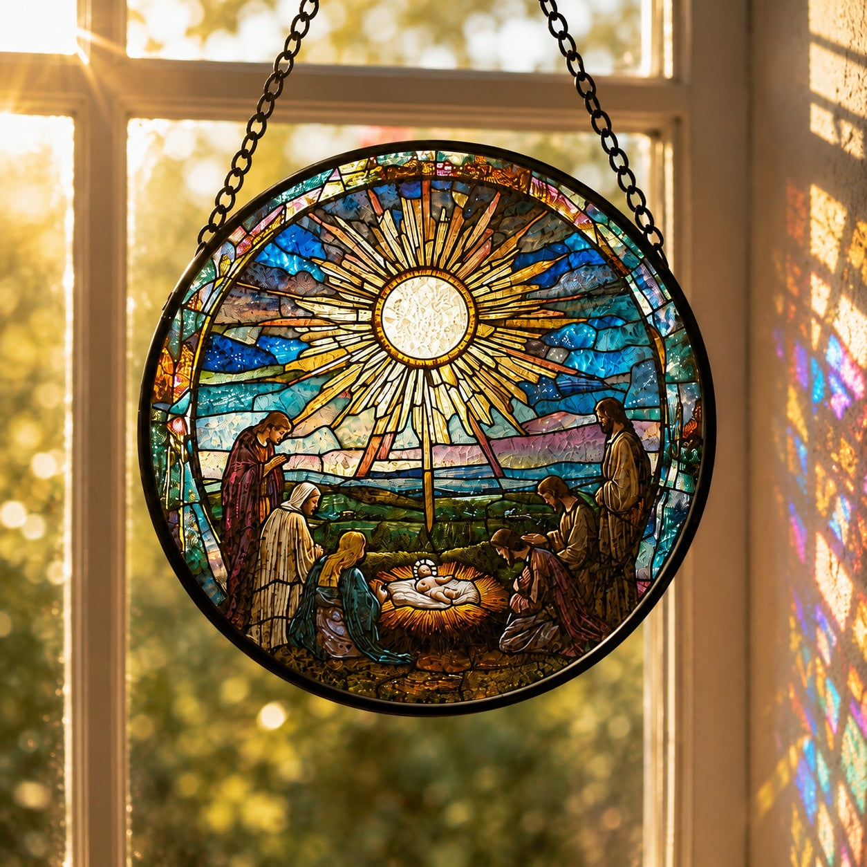 Nativity Stained Glass Suncatcher, Baby Jesus Window Hanging, Holy Family Christmas Decor, Christian Religious Gift, Manger Scene Decor GLASS07