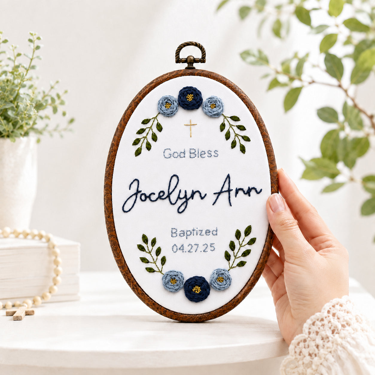 Personalized Hand Embroidered Flower With Baptism Hoop Art, Custom Baby Name and Baptism, Floral Christian Keepsake, Nursery Gift EHA35