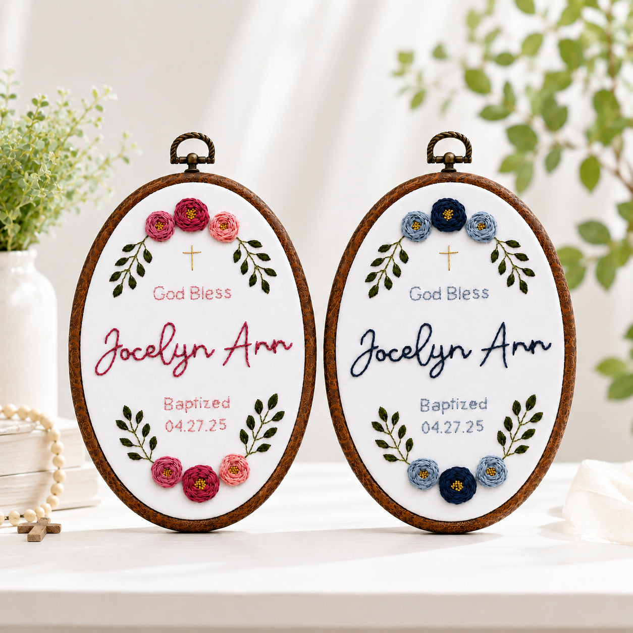 Personalized Hand Embroidered Flower With Baptism Hoop Art, Custom Baby Name and Baptism, Floral Christian Keepsake, Nursery Gift EHA35