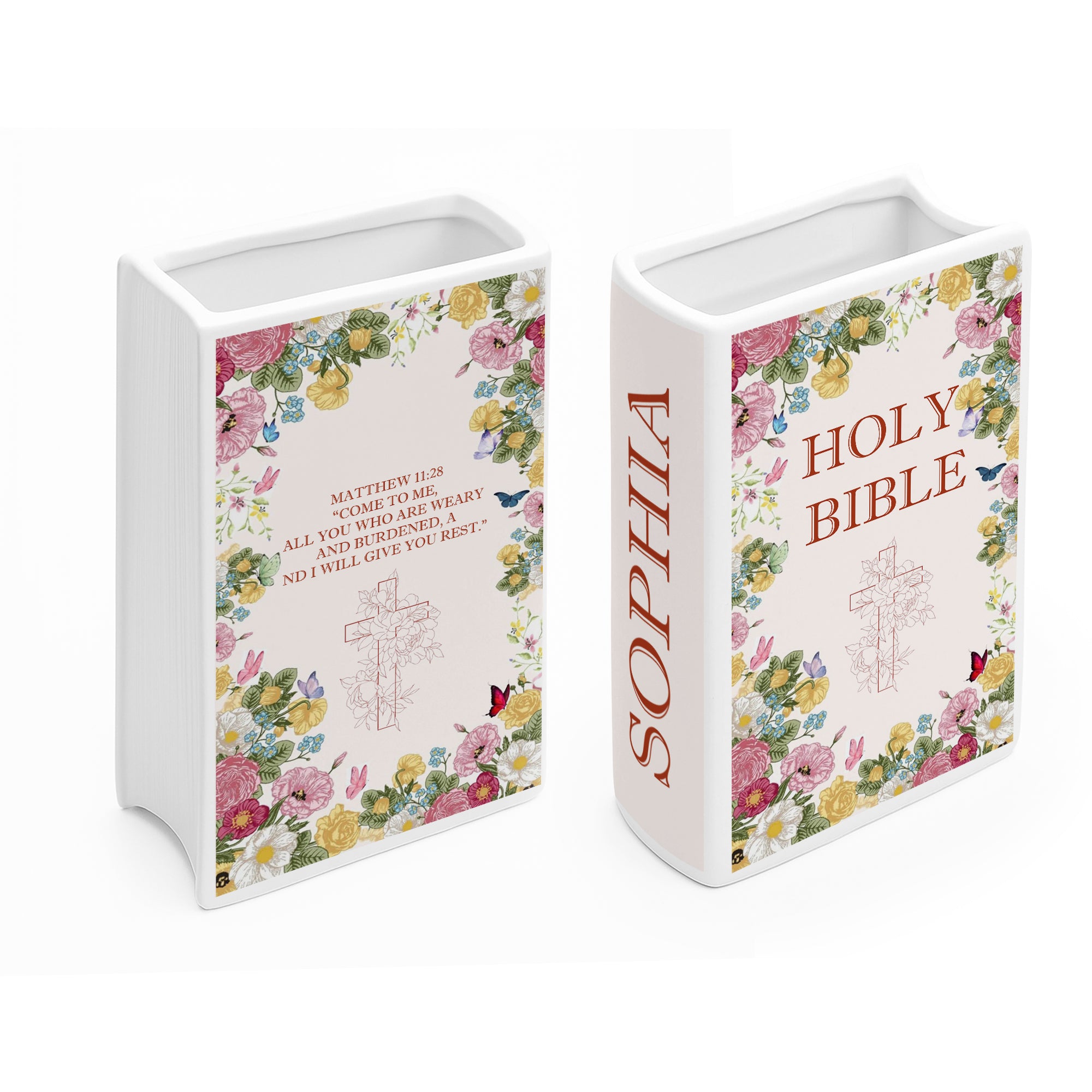 Personalized Christian Floral Book Vase, Custom Ceramic Holy Bible Book with Bible Verse, Gift for Girls & Teens CBLAF08