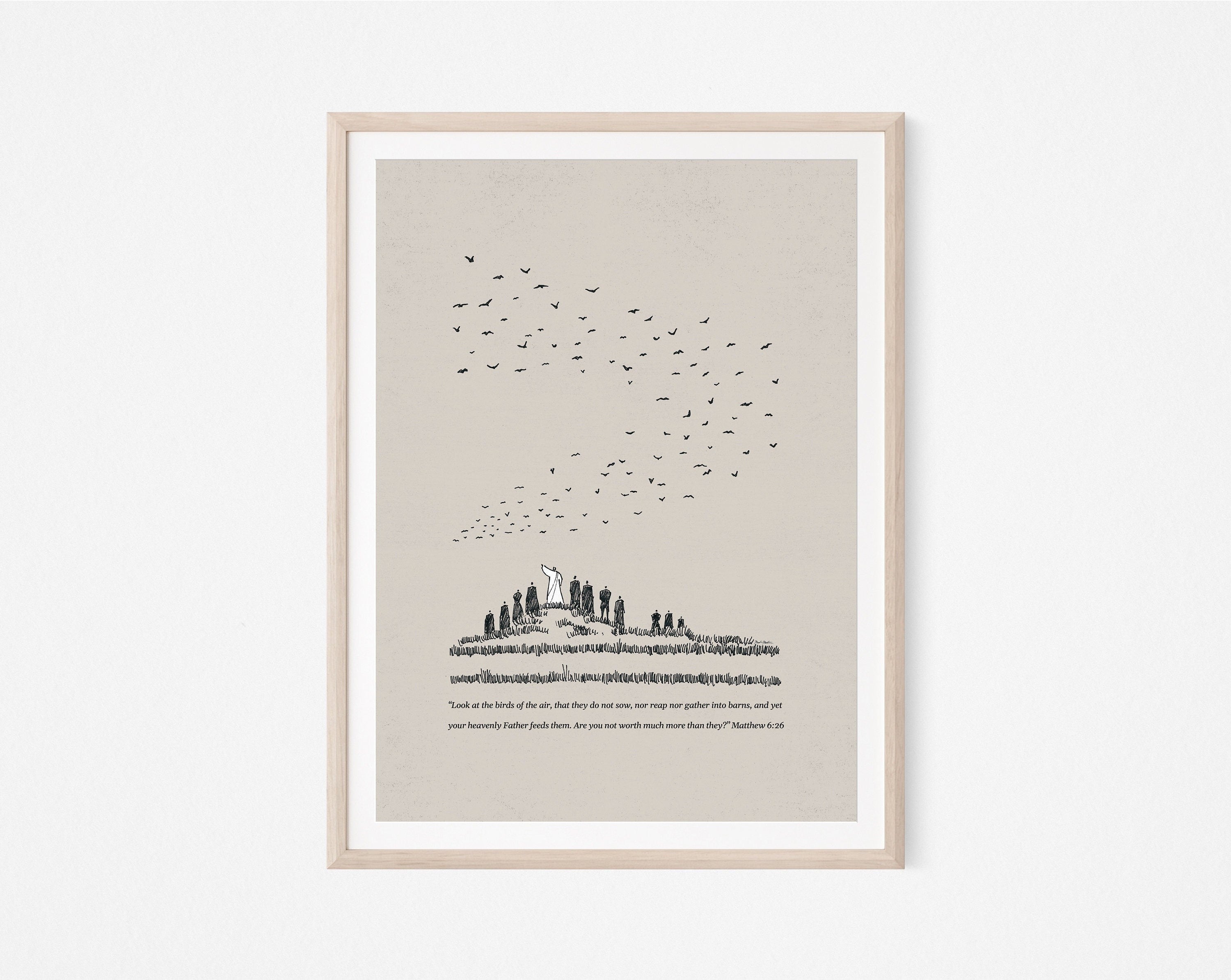 Look at the Birds Poster, Matthew 6:26 Bible Scripture Art, Jesus Sketch Wall Decor, Christian Inspirational Poster, Trust in God Artwork