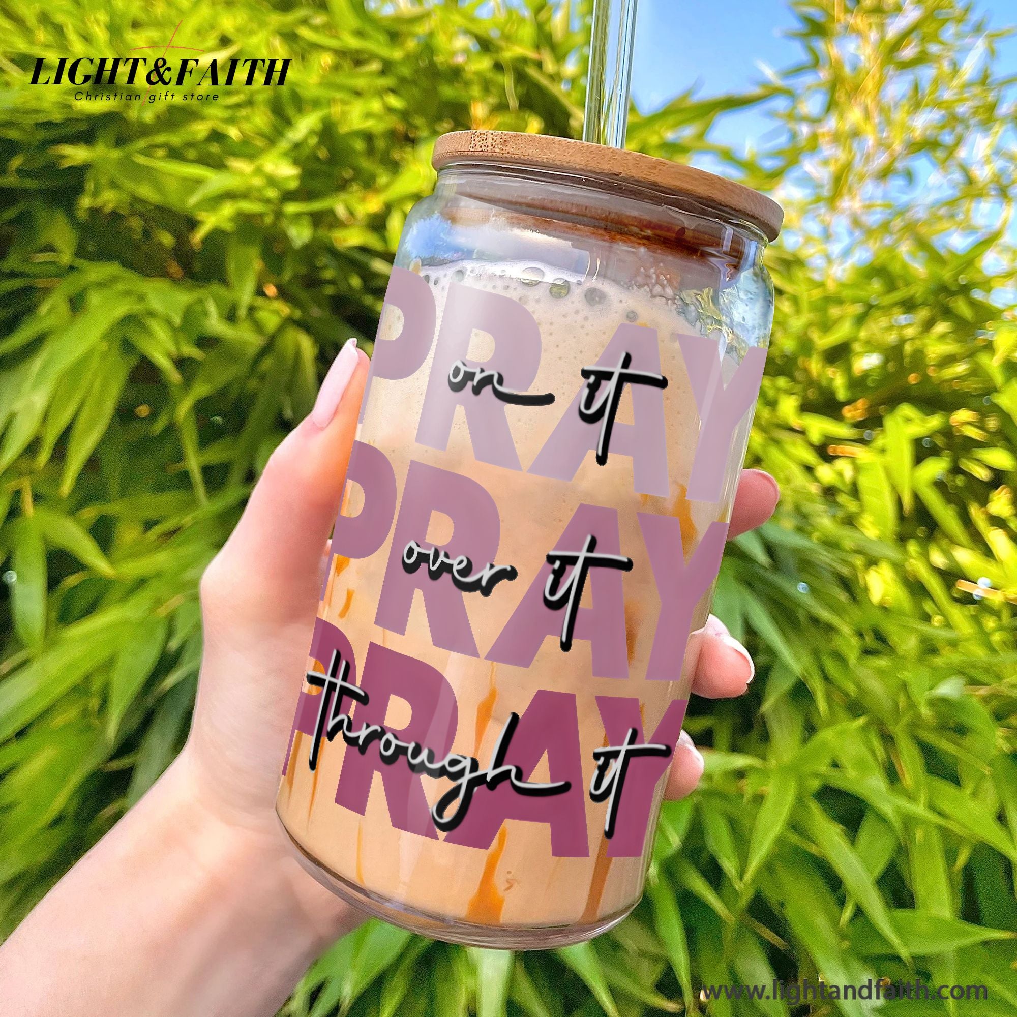 Christian Glass Can with Bamboo Lid and Straw, Pray On It Over It Through It Cup, Inspirational Scripture Iced Coffee Tumbler Gift GCLAF36