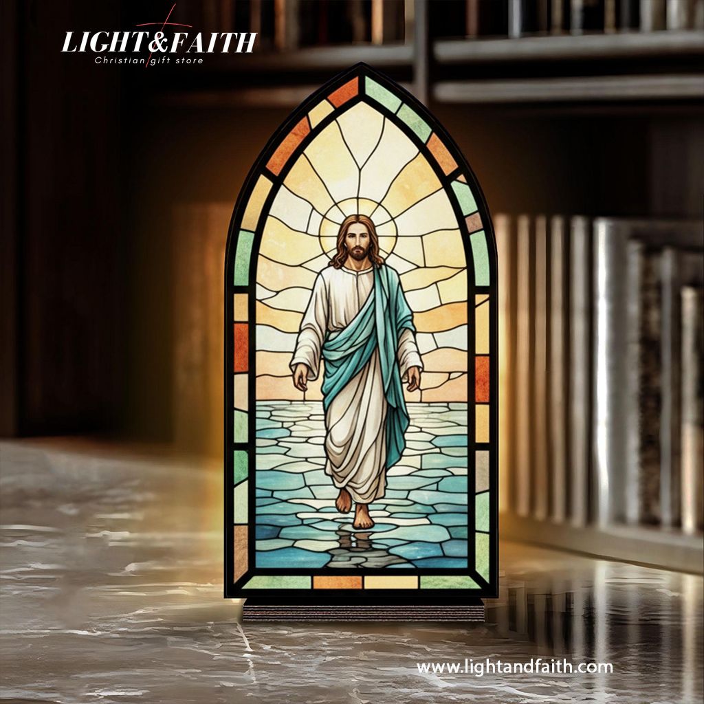 Jesus Walking on Water Book Nook, Stained Glass Style Acrylic Decor, Christian Gift, Religious Home Decoration, Faith Art Display BNLAF08