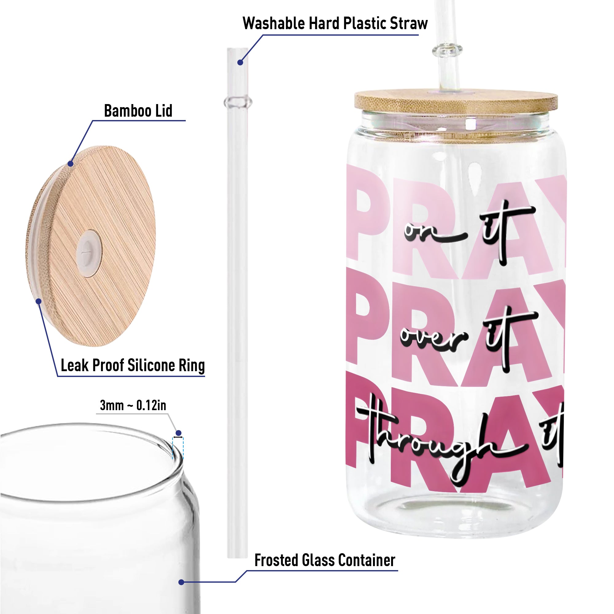 Christian Glass Can with Bamboo Lid and Straw, Pray On It Over It Through It Cup, Inspirational Scripture Iced Coffee Tumbler Gift GCLAF36