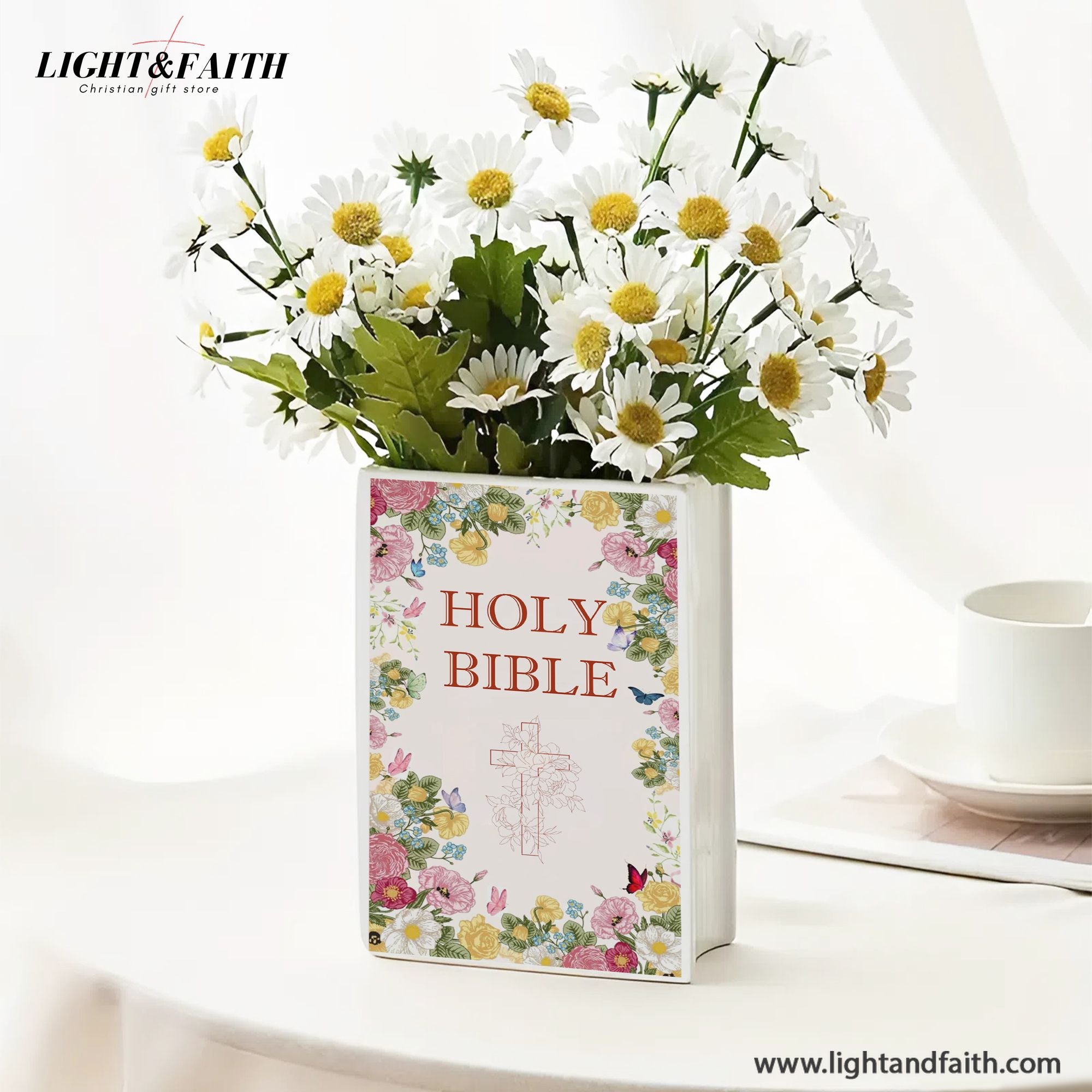 Personalized Christian Floral Book Vase, Custom Ceramic Holy Bible Book with Bible Verse, Gift for Girls & Teens CBLAF08
