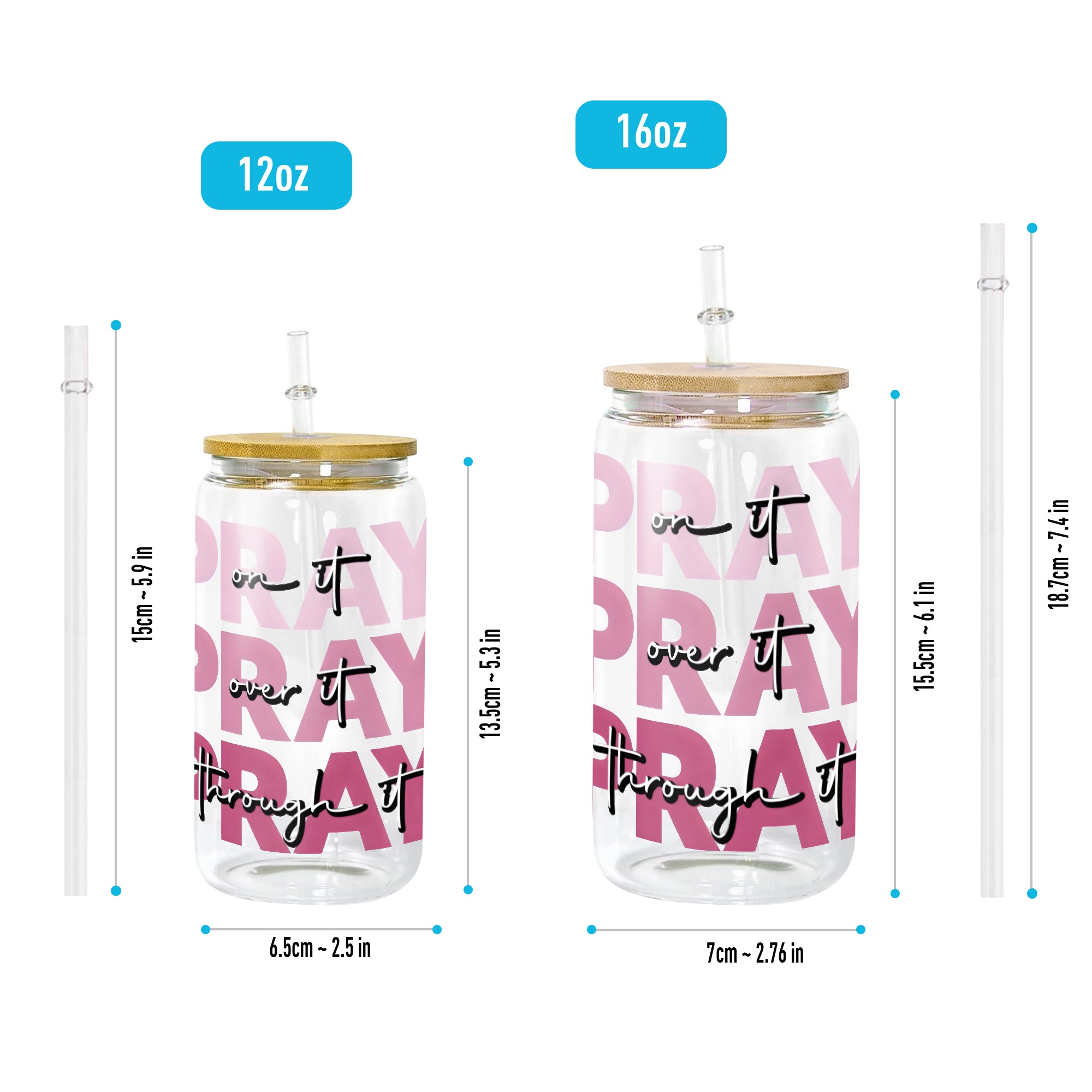 Christian Glass Can with Bamboo Lid and Straw, Pray On It Over It Through It Cup, Inspirational Scripture Iced Coffee Tumbler Gift GCLAF36