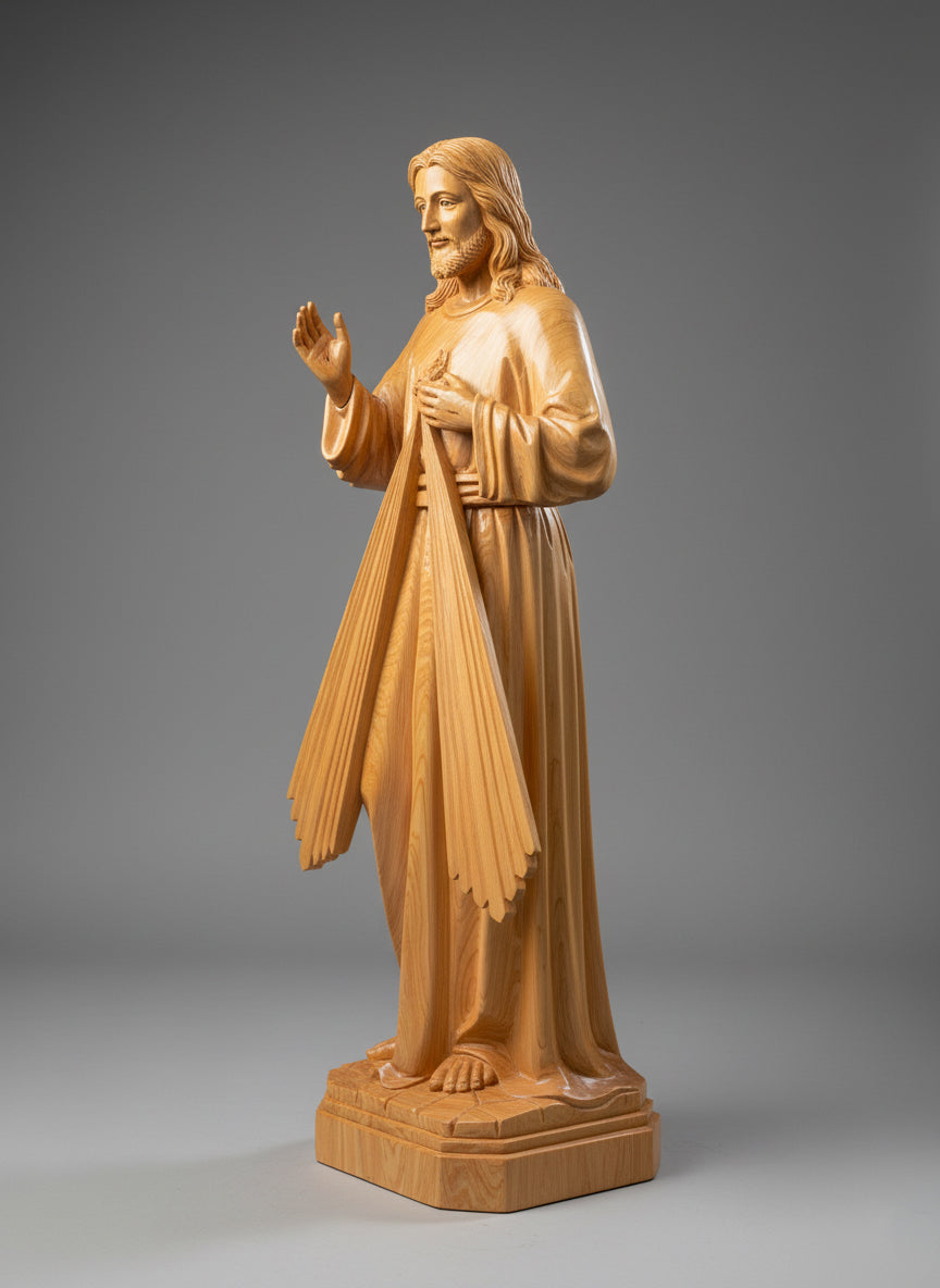 Divine Mercy of Jesus Wooden Statue, Sacred Heart Christ Wood Carving, Handmade Catholic Religious Sculpture, Christian Home Decor