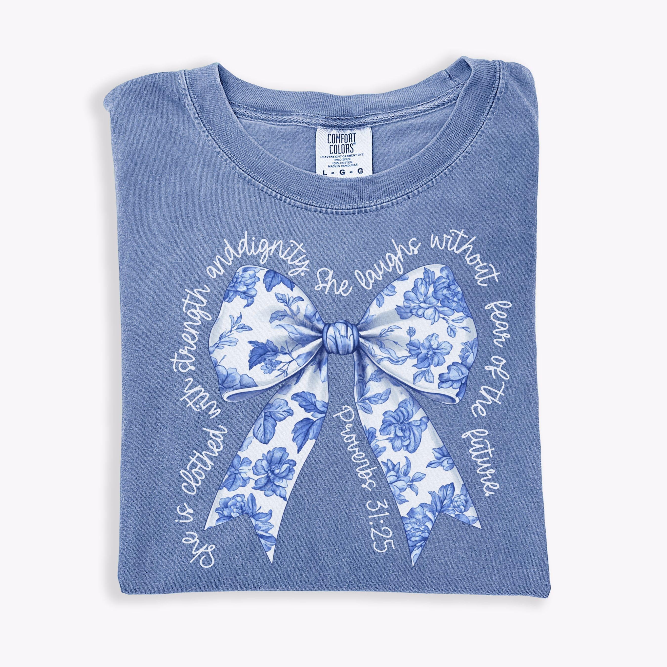 Coquette Christian Comfort Colors Shirt, Blue Toile Bow Bible Verse Shirt, Trendy Christian Apparel Gift for Mom, Religious Shirt for Church