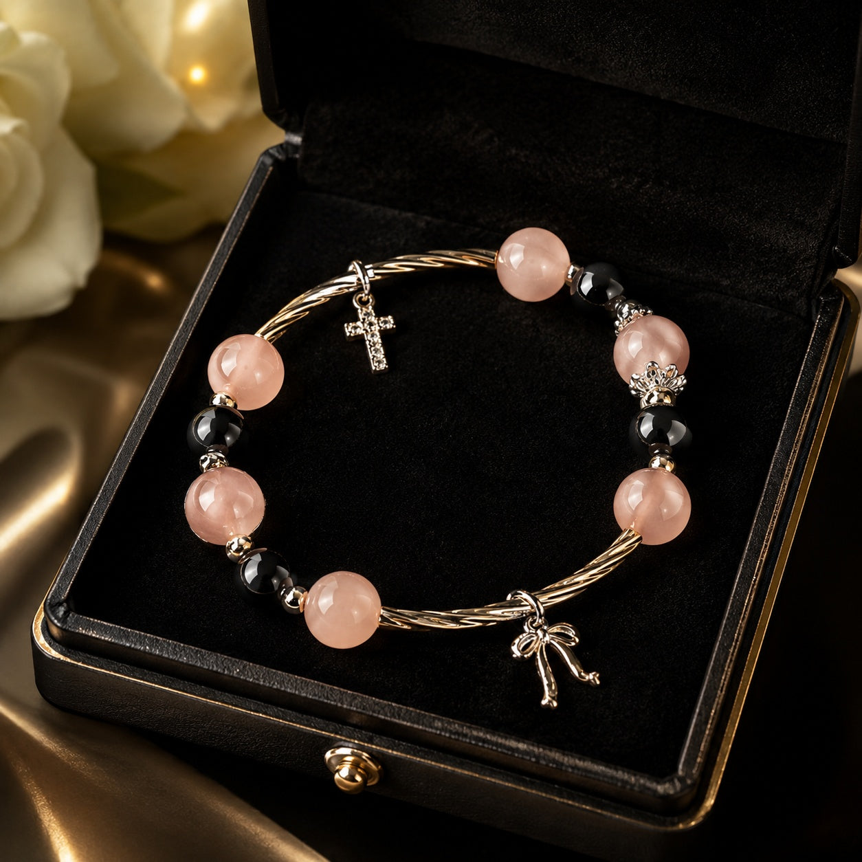 Rose & Agate Bracelet With Pendant, Catholic Jewelry, Silver Stone Bracelet For Women, Catholic Bracelet BRLAF11