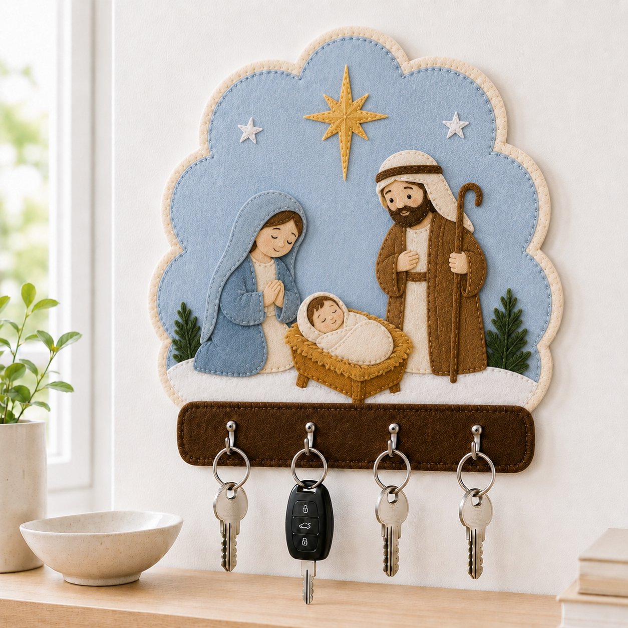 Holy Family Nativity Wall Felt Key Holder, Christian Wall Key Rack, Handmade Catholic Home Decor, Religious Housewarming Gift, Felt Custom FELTHD07