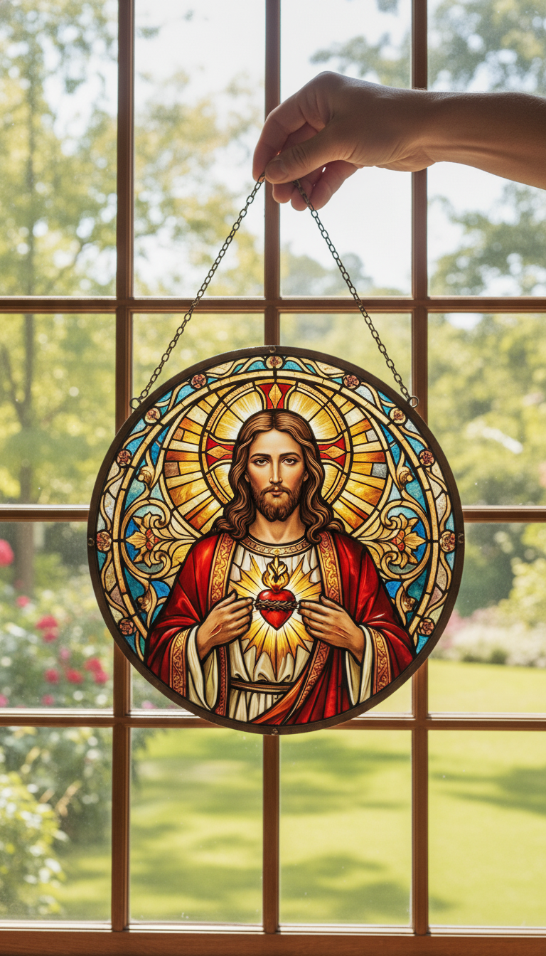 Sacred Heart of Jesus Stained Glass Suncatcher, Christian Window Hanging, Catholic Sun Catcher, Religious Home Decor, Faith Gift, Bible Lover Art SCLAF17