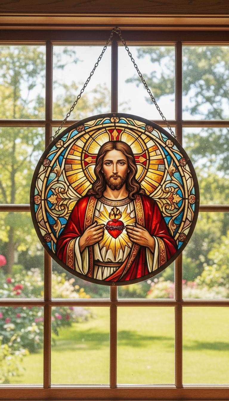 Sacred Heart of Jesus Stained Glass Suncatcher, Christian Window Hanging, Catholic Sun Catcher, Religious Home Decor, Faith Gift, Bible Lover Art SCLAF17