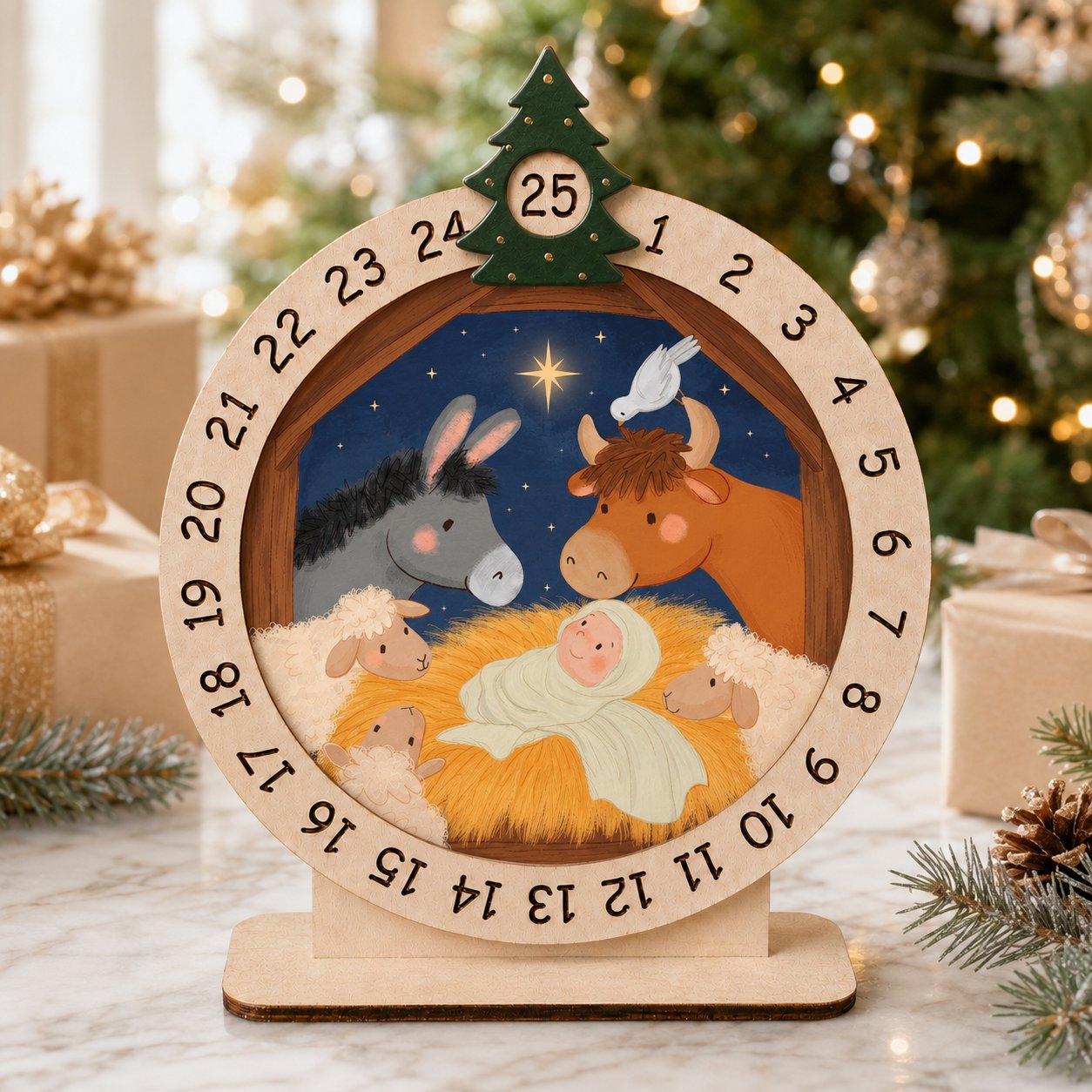 Wooden Nativity Baby Jesus Animals Advent Calendar, Jesus Christmas Wooden Sign, Custom Tabletop Religious Gift, Spinning Wheel Christmas Countdown Decor, Religious Christian Christmas Gift XMASW05