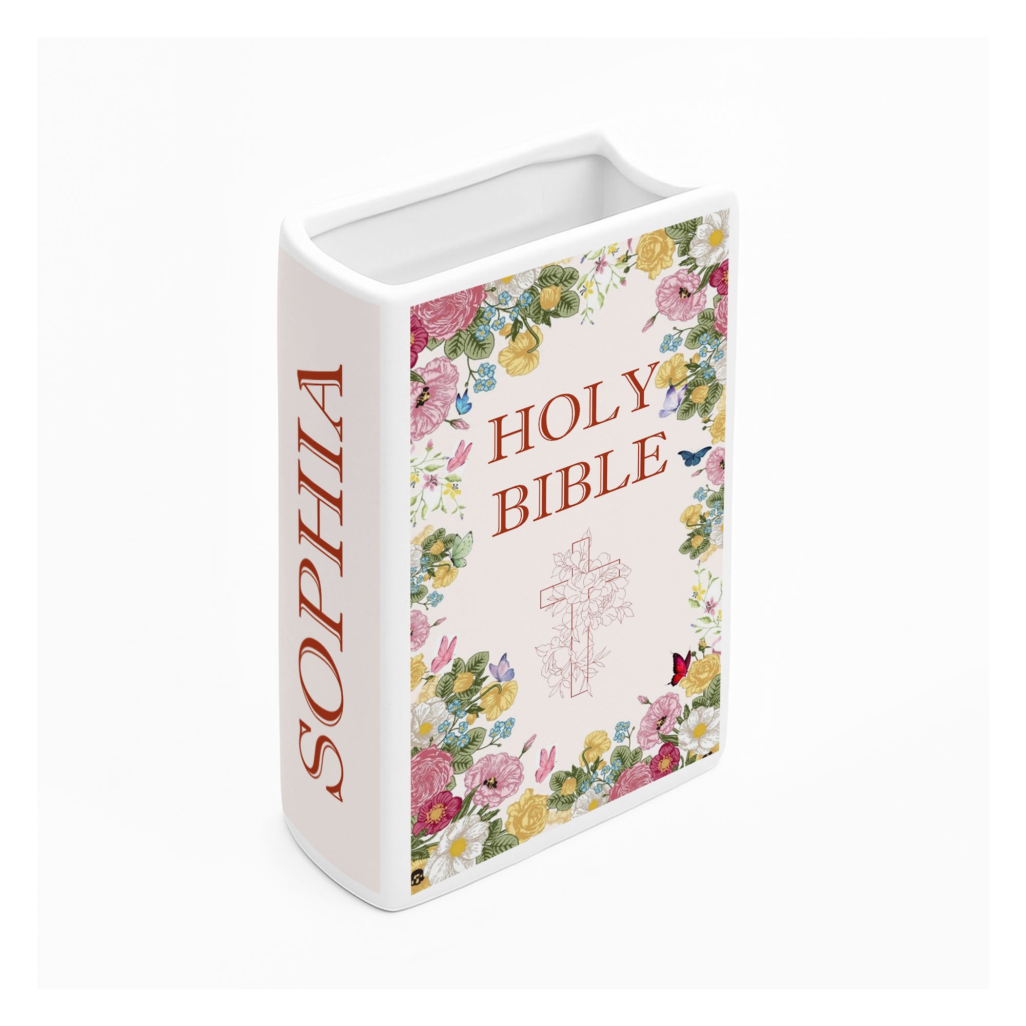 Personalized Christian Floral Book Vase, Custom Ceramic Holy Bible Book with Bible Verse, Gift for Girls & Teens CBLAF08