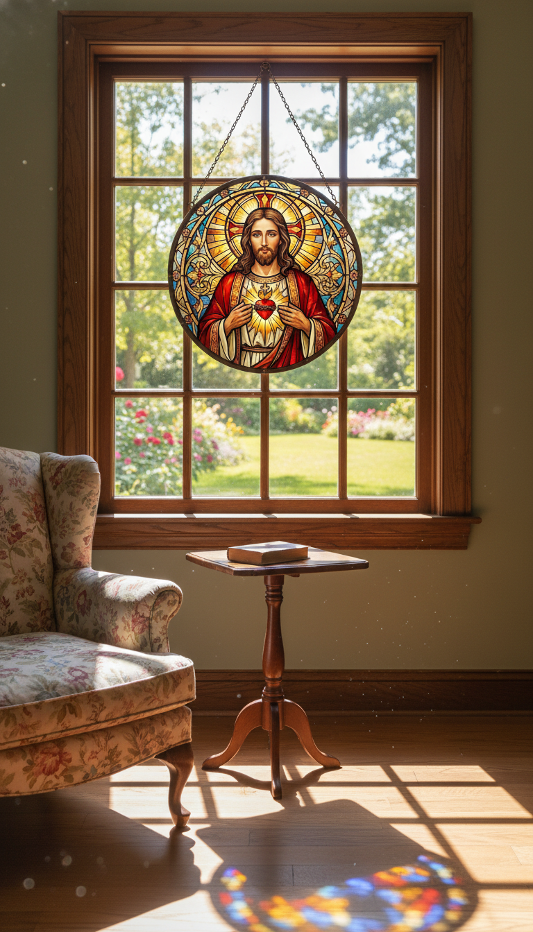 Sacred Heart of Jesus Stained Glass Suncatcher, Christian Window Hanging, Catholic Sun Catcher, Religious Home Decor, Faith Gift, Bible Lover Art SCLAF17