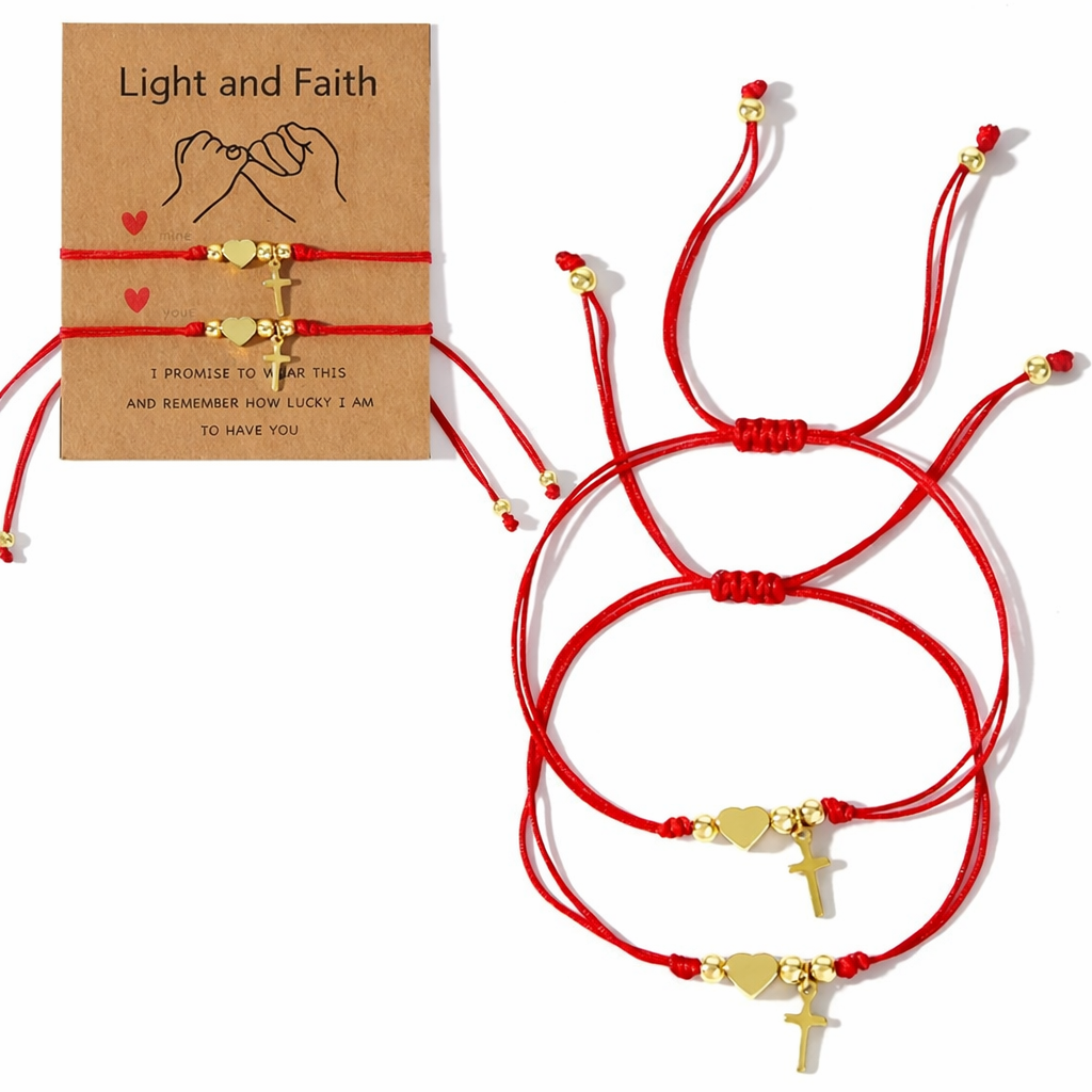 Matching Red Cross Bracelet Set for Couples, Adjustable Christian Friendship Bracelets, Catholic Faith Jewelry, Religious Gift for Him and Her