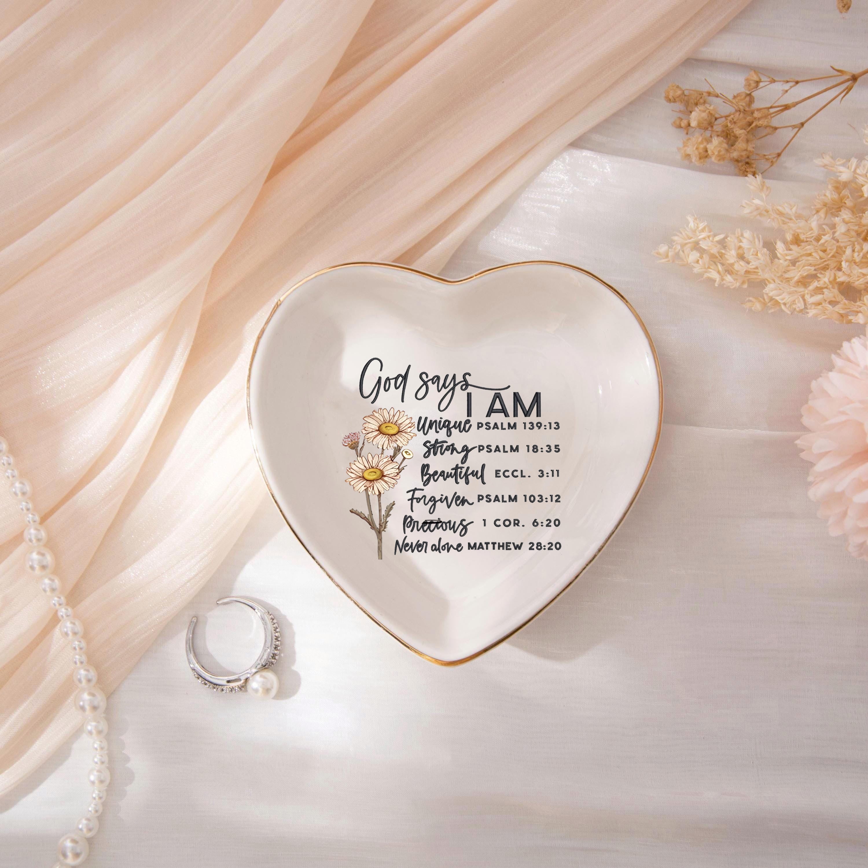 God Says I Am Jewelry Dish With Birth Flower, Christian Bible Verse Ring Dish, Religious Faith Gift, Baptism Confirmation Gift, Inspirational Scripture Tray JDLAF09