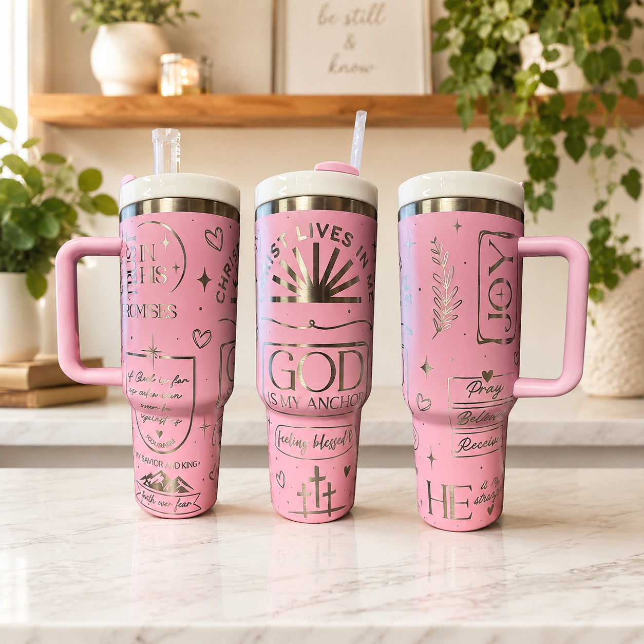 Pink Christian Tumbler with Handle and Straw, God Is My Anchor Insulated Travel Cup, Faith Gift LAFN09