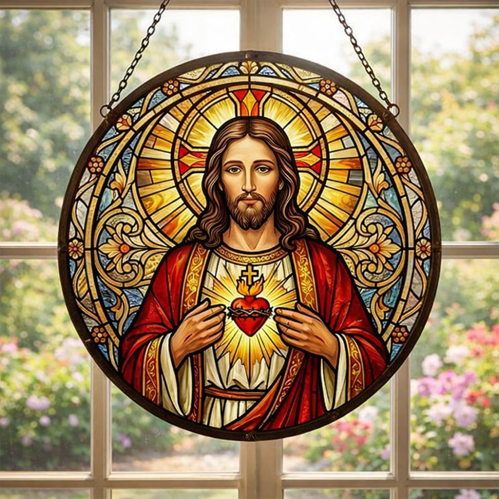Sacred Heart of Jesus Stained Glass Suncatcher, Christian Window Hanging, Catholic Sun Catcher, Religious Home Decor, Faith Gift, Bible Lover Art SCLAF17