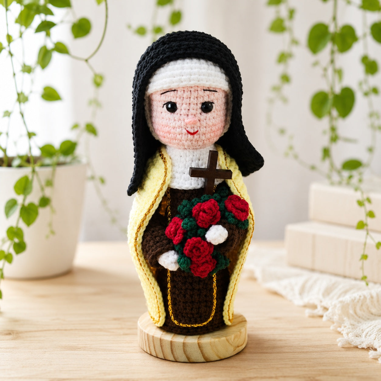 Handmade Crochet Catholic Priest Doll – Amigurumi Clergy Figurine with Sunflower Bouquet, Religious Gift for Ordination, First Communion, Baptism, Confirmation and Home Altar Decor CR08