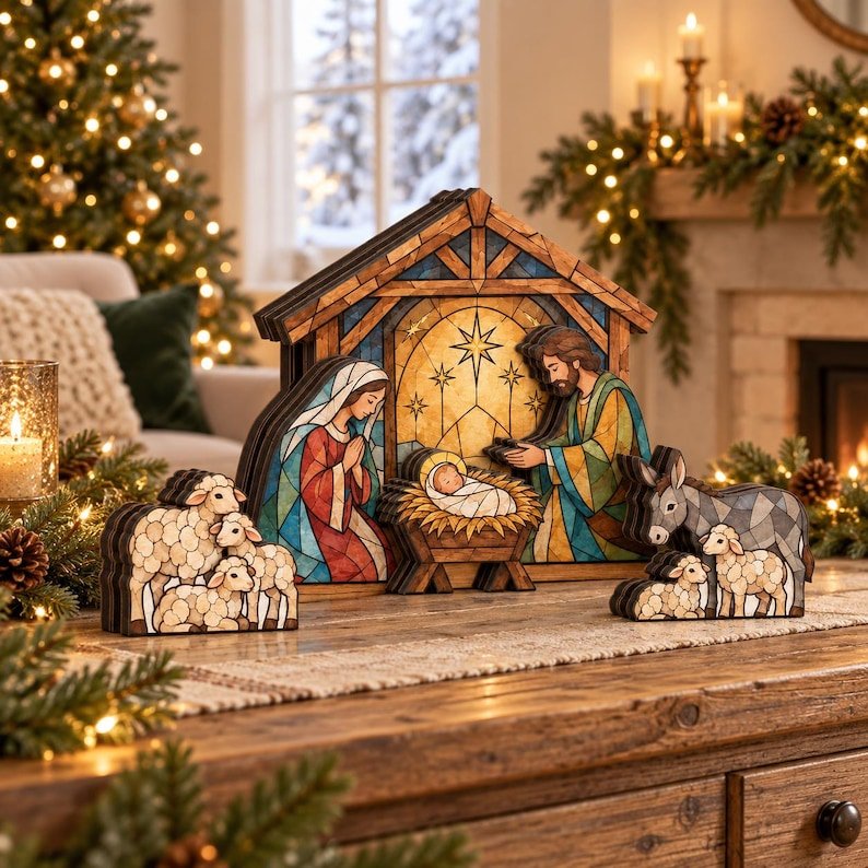 Nativity Christmas Wooden Block, Wooden Jesus Birth Scene Sign, Christian Holiday Home Decoration, Christmas Shelf Sitter Gift WSXM08
