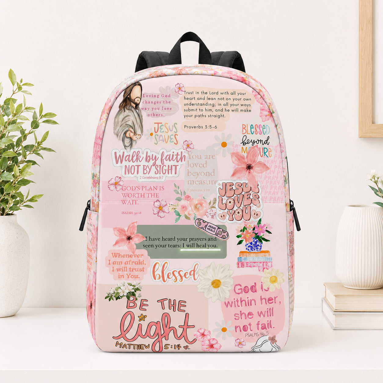 Walk by Faith Pink Christian Backpack, Custom Christian Inspirational backpack, Christian Faith Bag, Laptop Bag, Back To School Backpack PLAF71