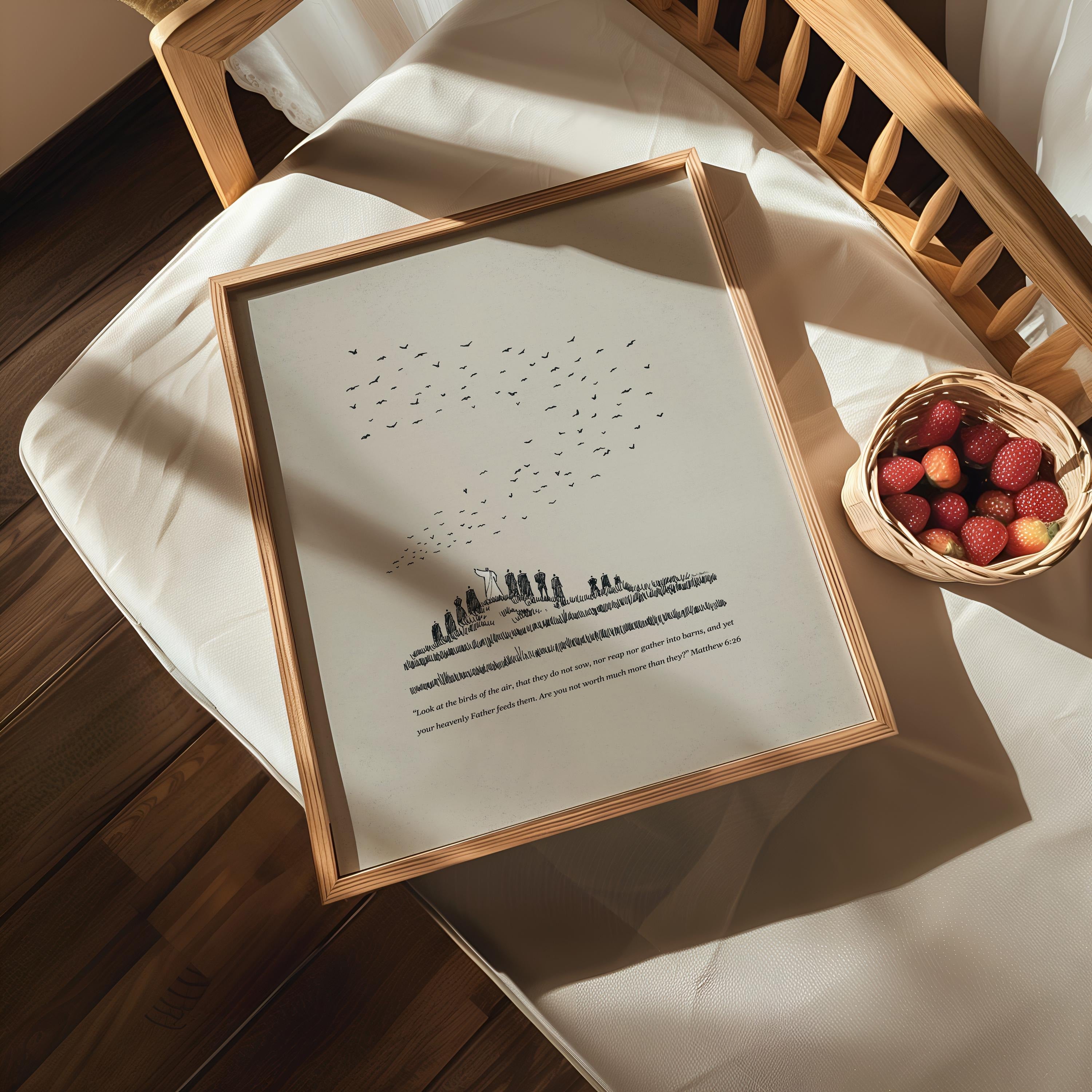 Look at the Birds Poster, Matthew 6:26 Bible Scripture Art, Jesus Sketch Wall Decor, Christian Inspirational Poster, Trust in God Artwork