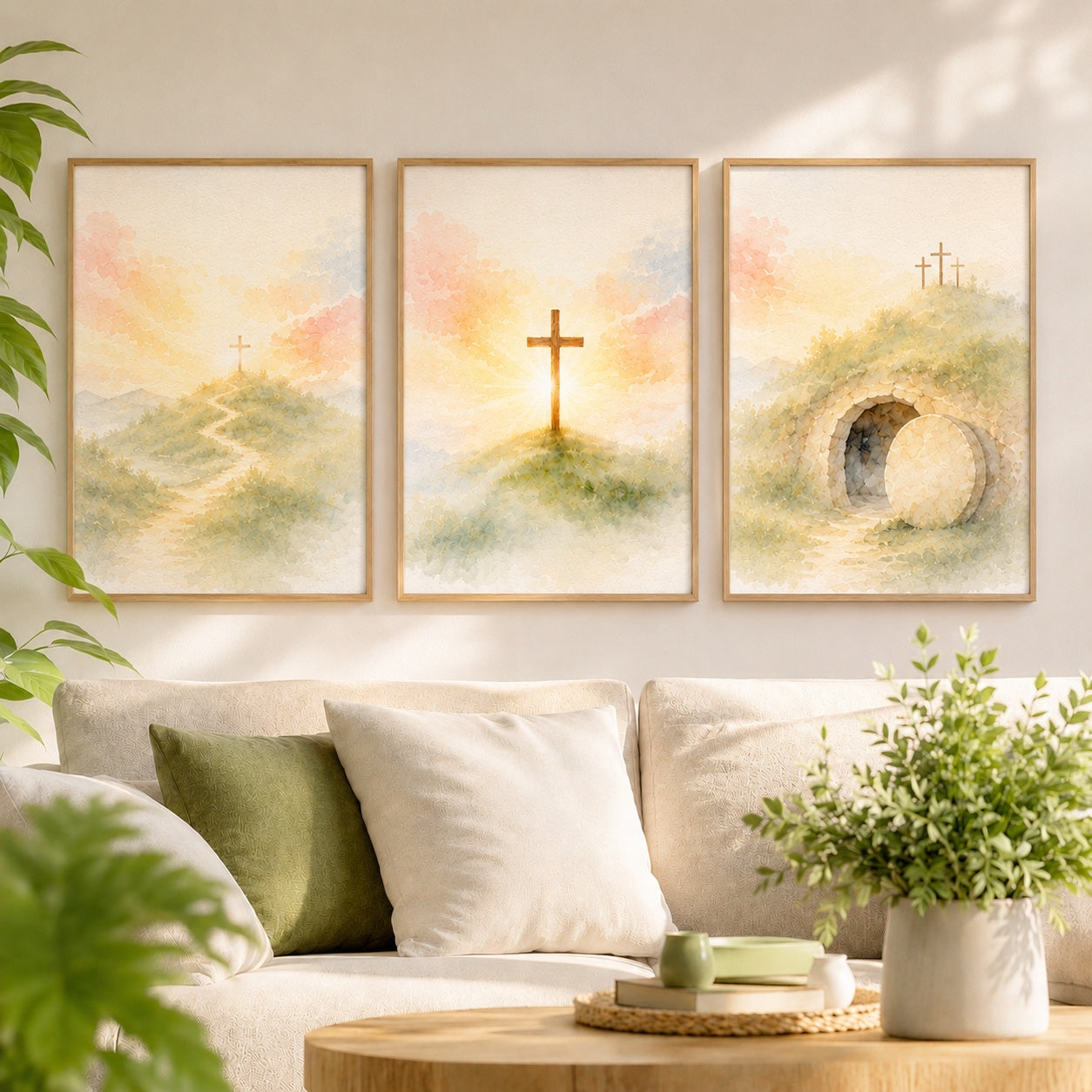 Jesus Resurrection Wall Art Set, Calvary Cross and Empty Tomb Poster, Christian Poster Decor, Neutral Christian Easter Home Decor PTSETA07